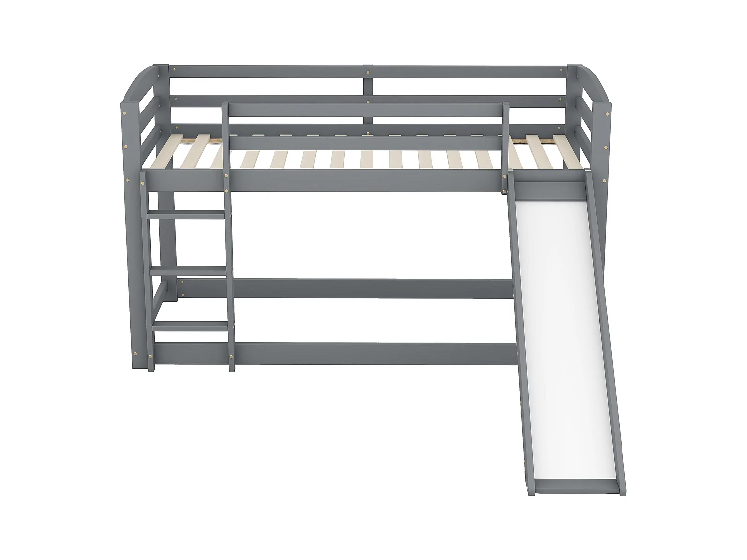 Stapelbed 90x200 cm - Kinderbed met glijbaan en trap - met uitvalbeveiliging - grijs hout - zonder matras