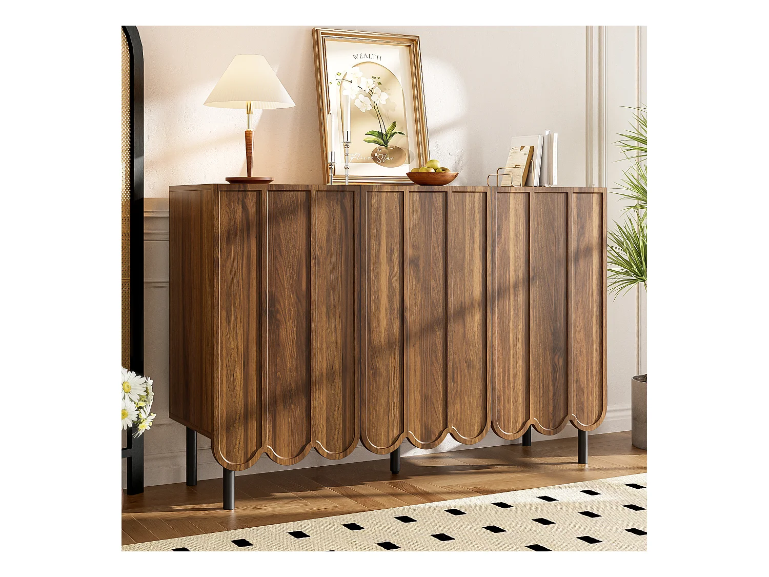 Buffet noyer - Buffet avec trois portes en tôle ondulée et pieds réglables en hauteur