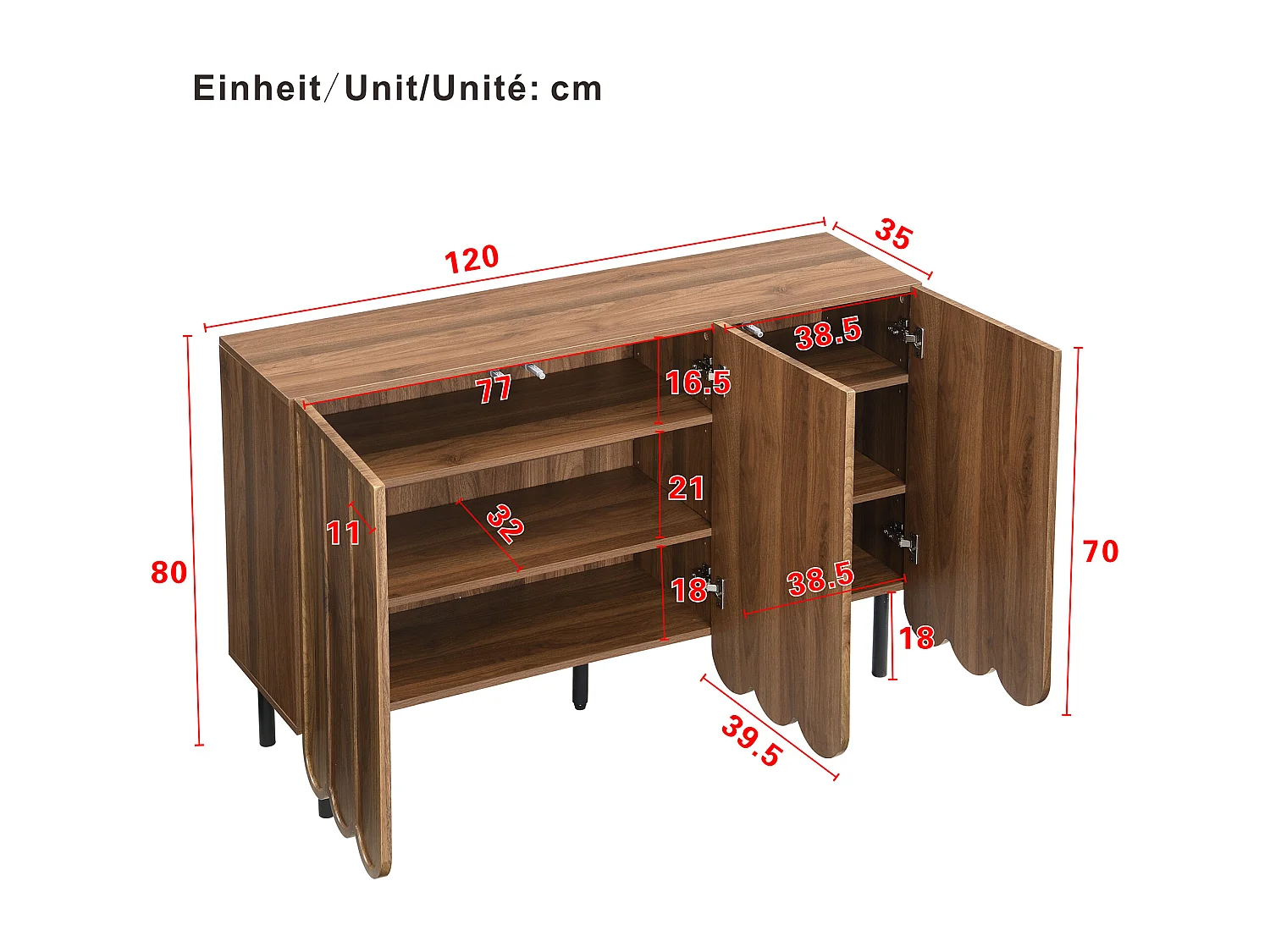 Walnotenhouten dressoir - Dressoir met drie gegolfde ijzeren deuren en in hoogte verstelbare poten - voor woonkamer en eetkamer