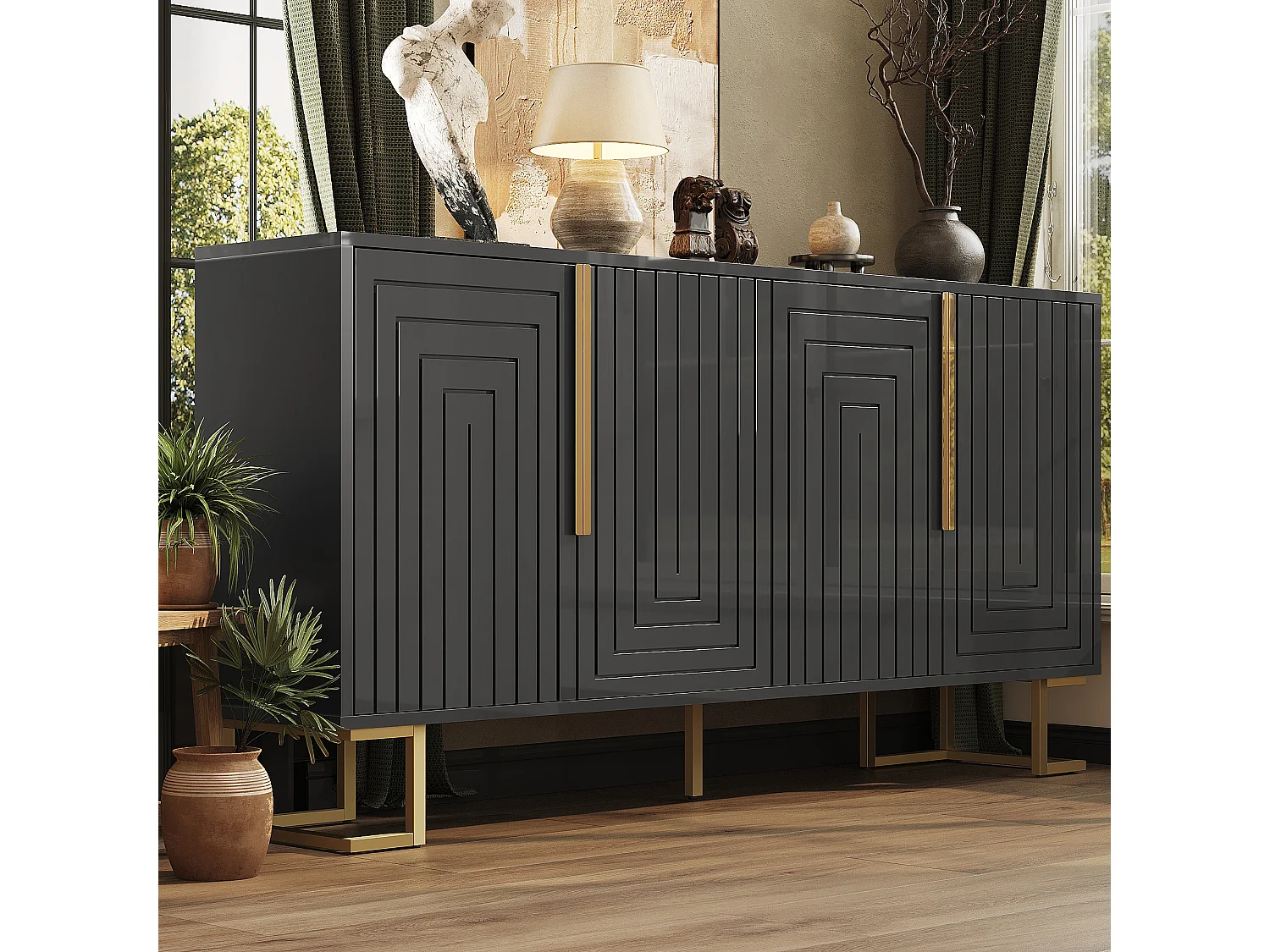 4-deurs dressoir - Dressoir met gouden handgrepen en poten - zwart - voor eetkamer