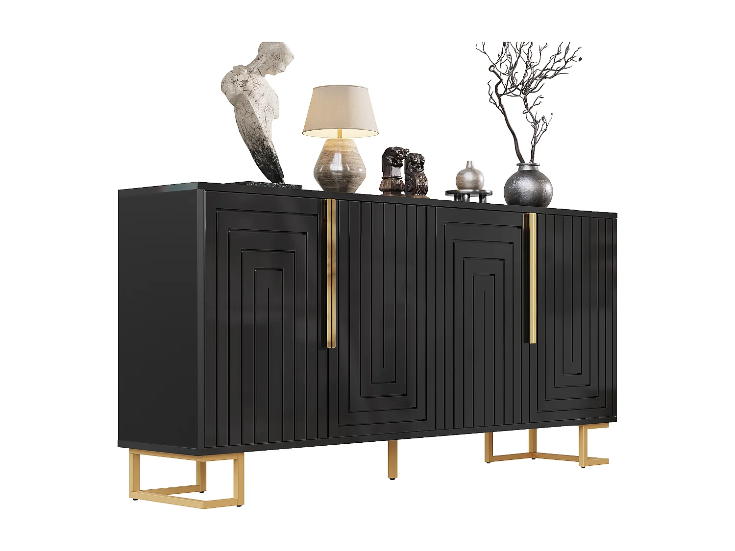 4-deurs dressoir - Dressoir met gouden handgrepen en poten - zwart - voor eetkamer