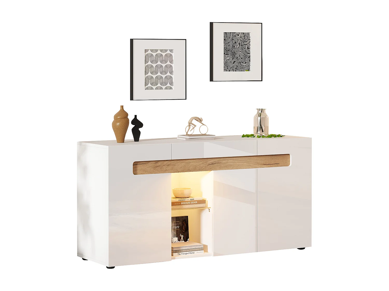3-türiges Sideboard mit LED-Beleuchtung - App-gesteuertes sideboard - weiß - glasböden