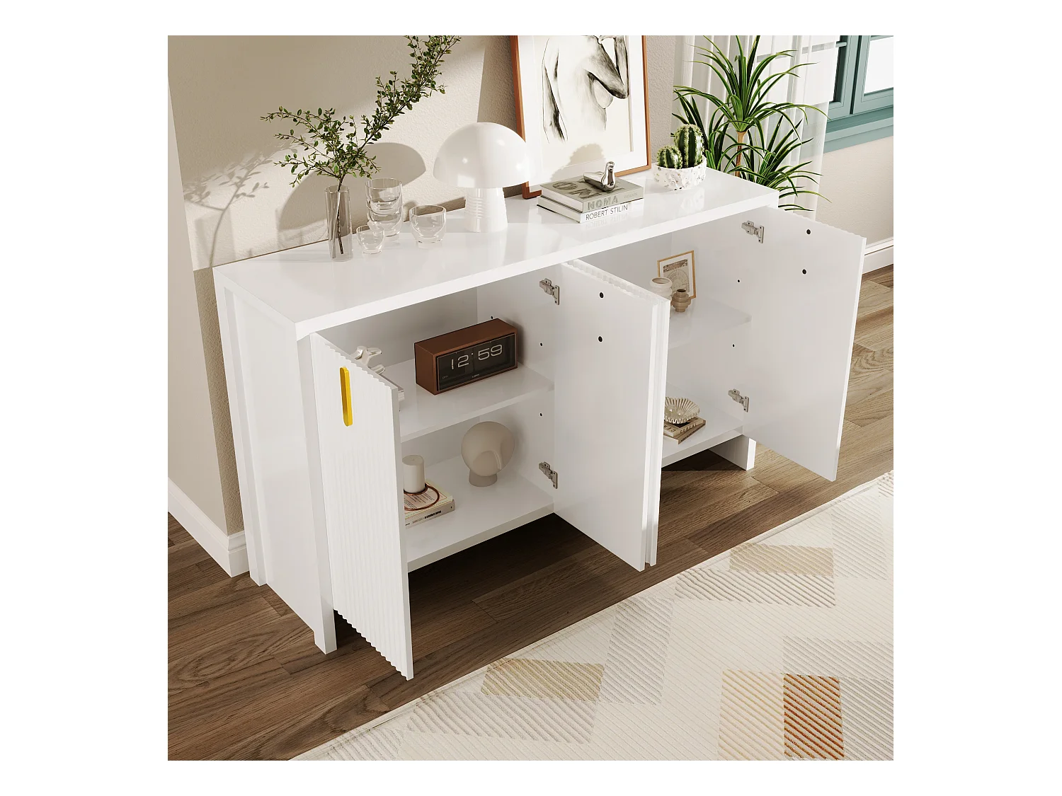 Buffet blanc - Buffet 4 portes avec étagères réglables - pour salon et salle à manger