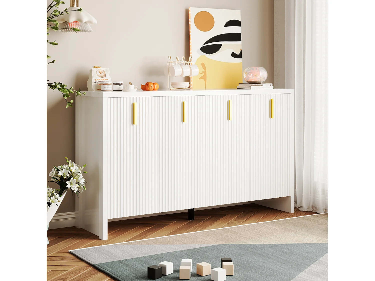 Aparador blanco - Aparador de 4 puertas con estantes ajustables - para sala de estar y comedor