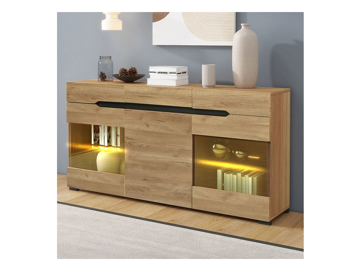 Buffet avec éclairage LED - Buffet avec 3 portes et 3 tiroirs - pour salon et salle à manger
