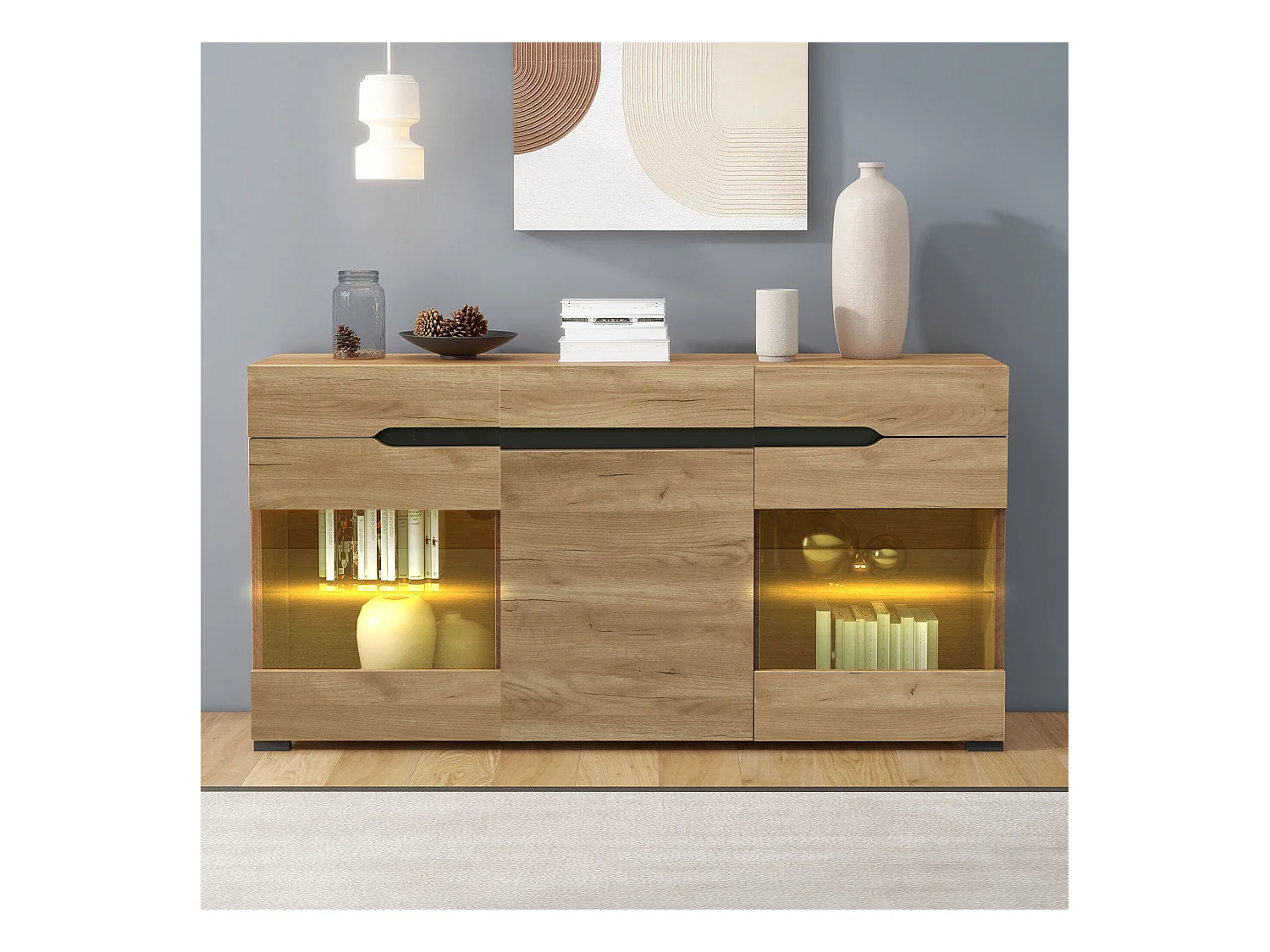 Buffet avec éclairage LED - Buffet avec 3 portes et 3 tiroirs - pour salon et salle à manger