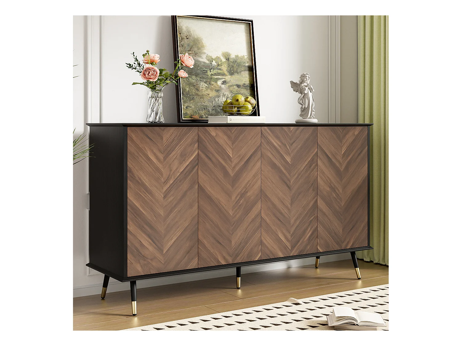 Buffet en bois et noir – Buffet 4 portes avec pieds en métal – pour salons et salles à manger