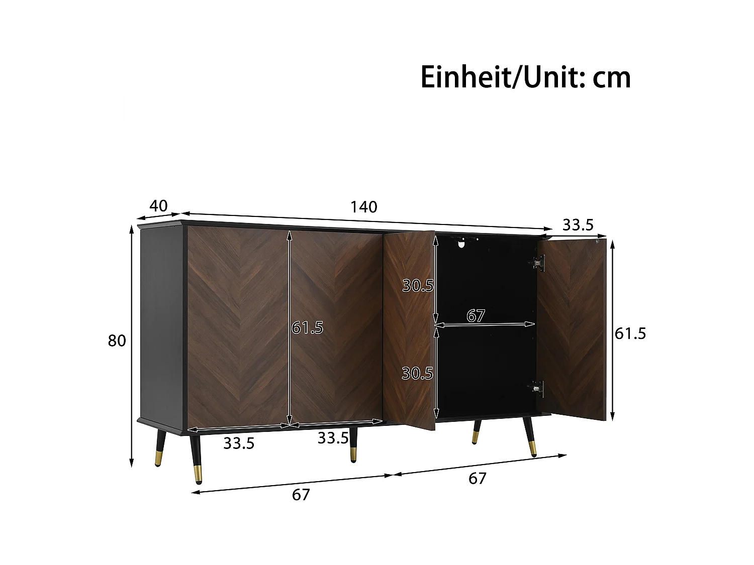 Buffet en bois et noir – Buffet 4 portes avec pieds en métal – pour salons et salles à manger