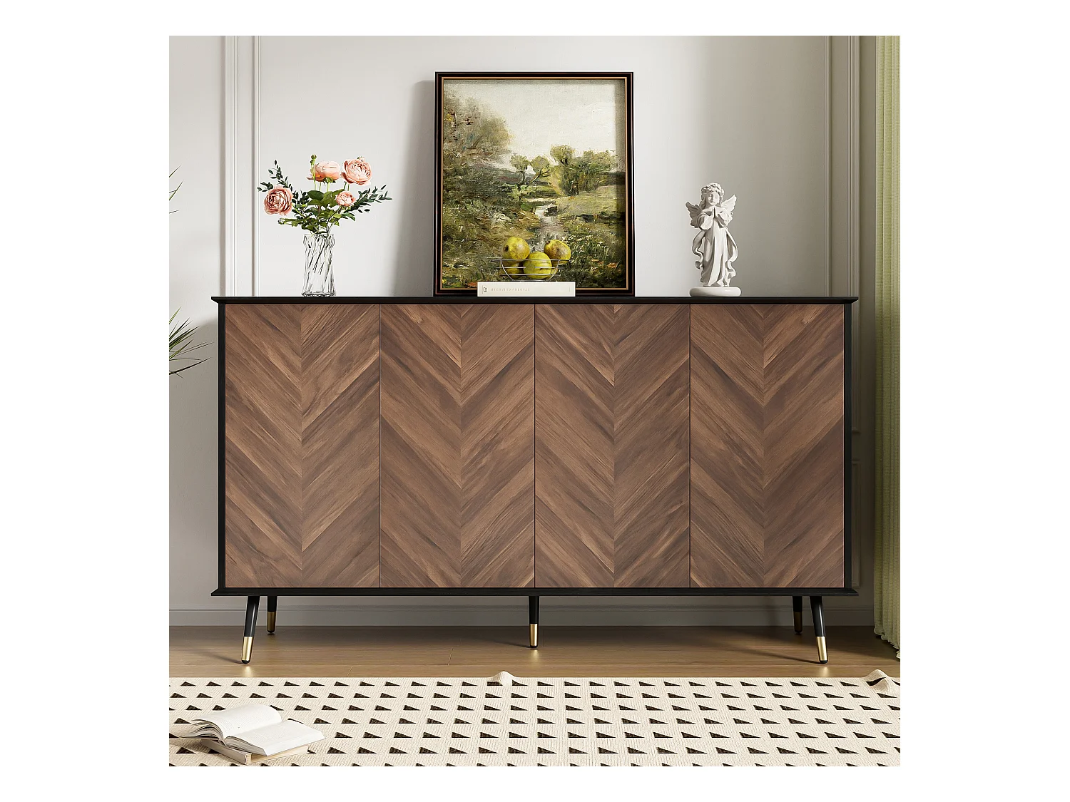 Buffet en bois et noir – Buffet 4 portes avec pieds en métal – pour salons et salles à manger