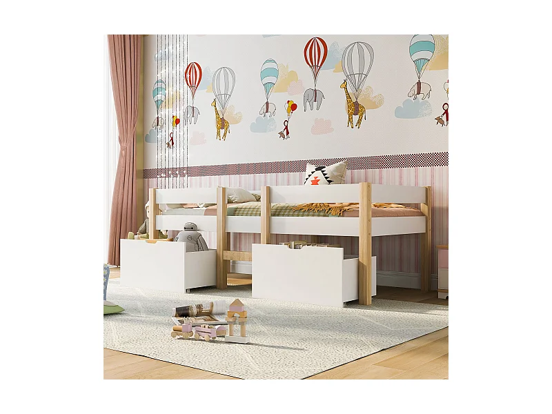 Kinderbett 90x200 cm - Einzelbett mit 2 Schubladen und Leiter - Holz weiß - ohne Matratze