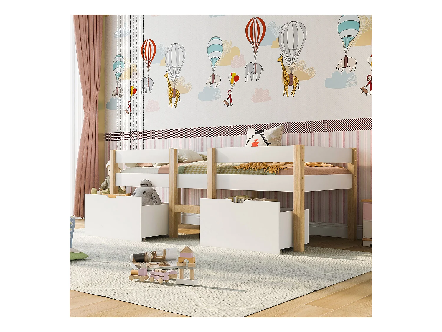 Lit enfant 90x200 cm - Lit simple avec 2 tiroirs et échelle - bois blanc - sans matelas