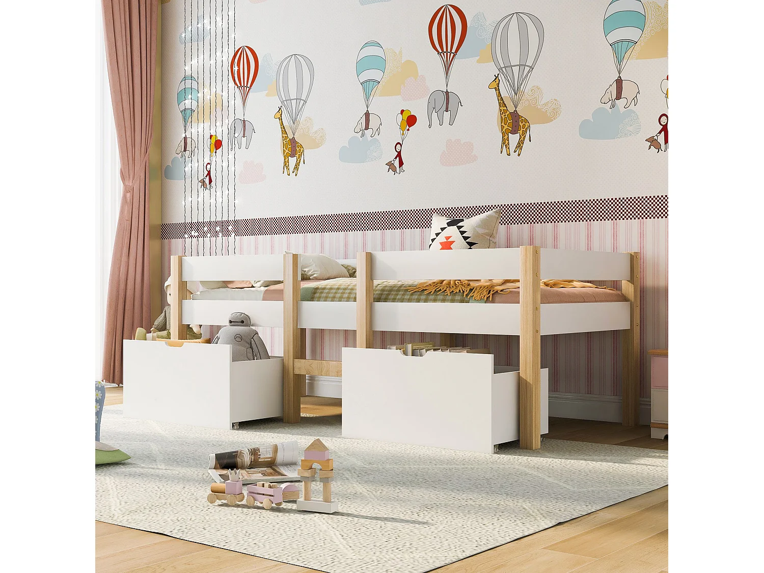 Lit enfant 90x200 cm - Lit simple avec 2 tiroirs et échelle - bois blanc - sans matelas