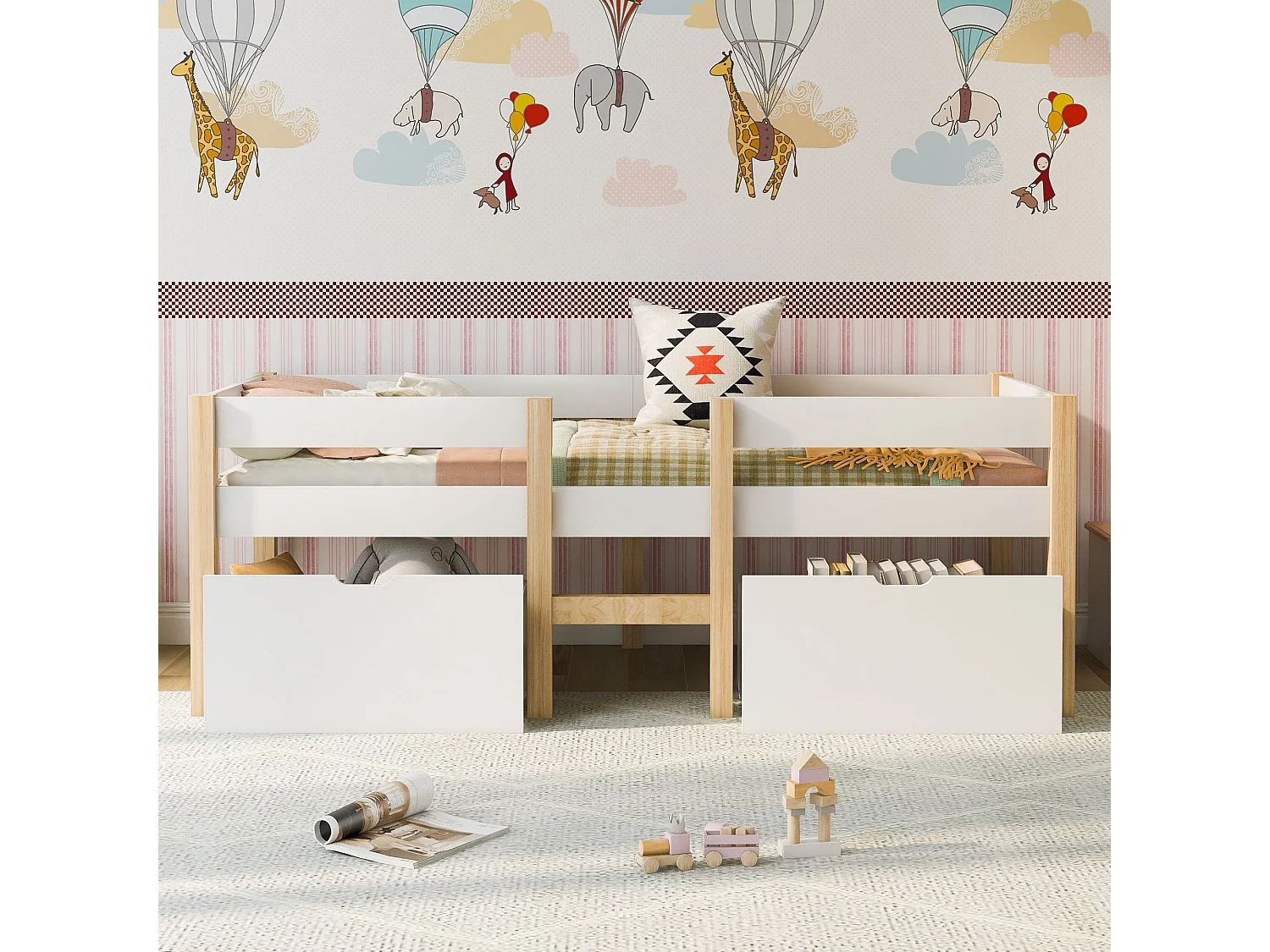 Lit enfant 90x200 cm - Lit simple avec 2 tiroirs et échelle - bois blanc - sans matelas