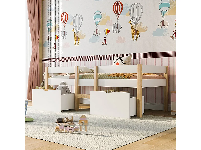 Łóżko dziecięce 90x200 cm - Łóżko pojedyncze z 2 szufladami i drabinką - białe drewno - bez materaca