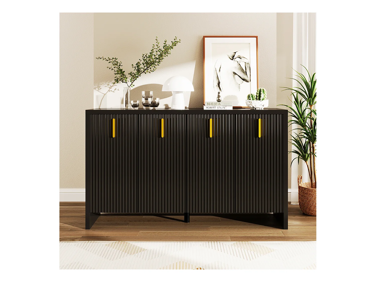 Buffet noir - Buffet 4 portes avec étagères réglables - pour salon et salle à manger