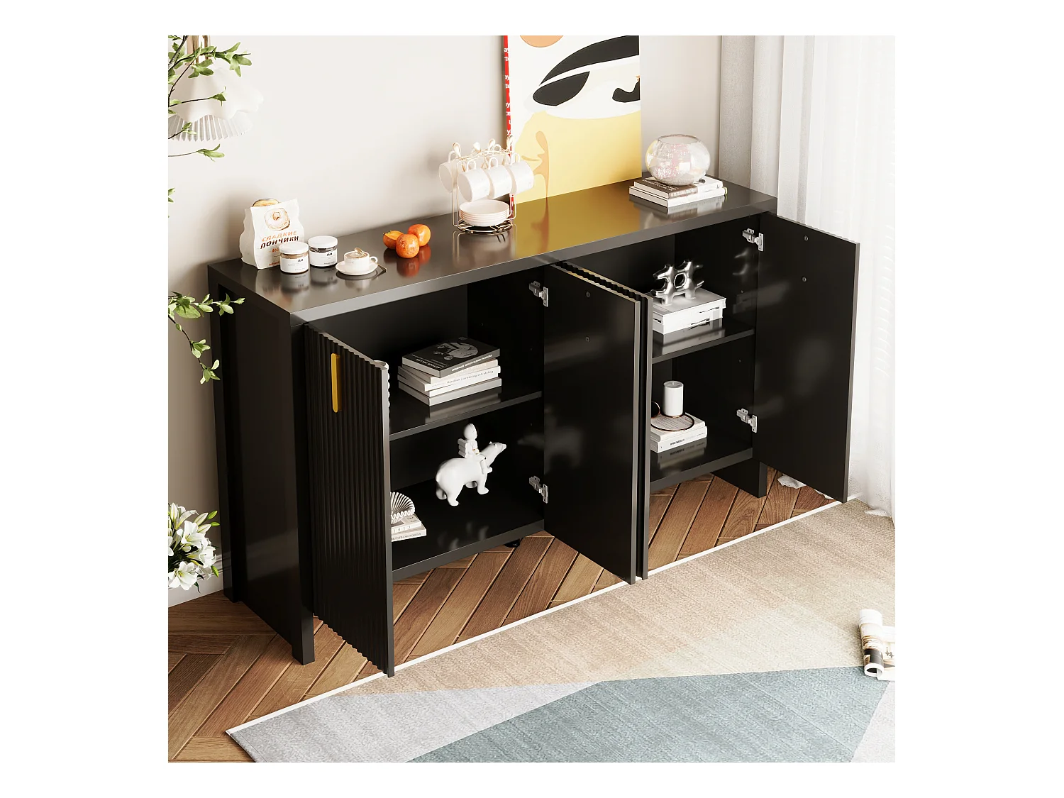 Buffet noir - Buffet 4 portes avec étagères réglables - pour salon et salle à manger