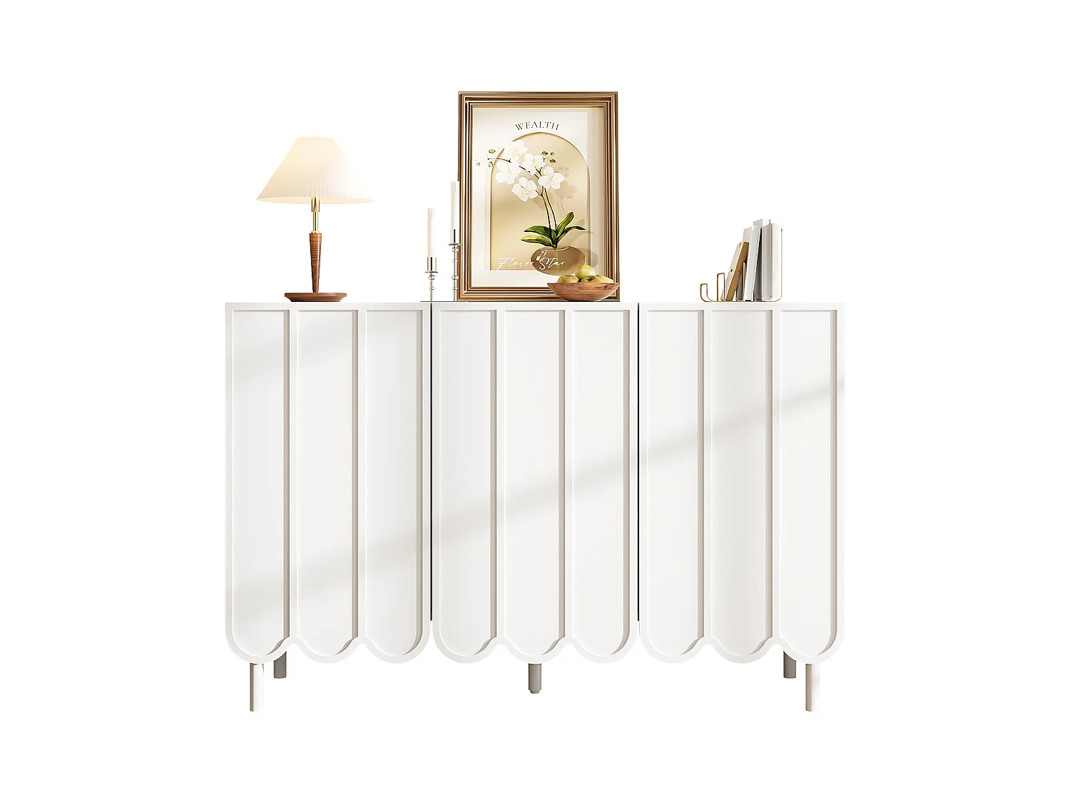 Buffet blanc - Buffet avec trois portes en tôle ondulée et pieds réglables en hauteur - pour salon et salle à manger