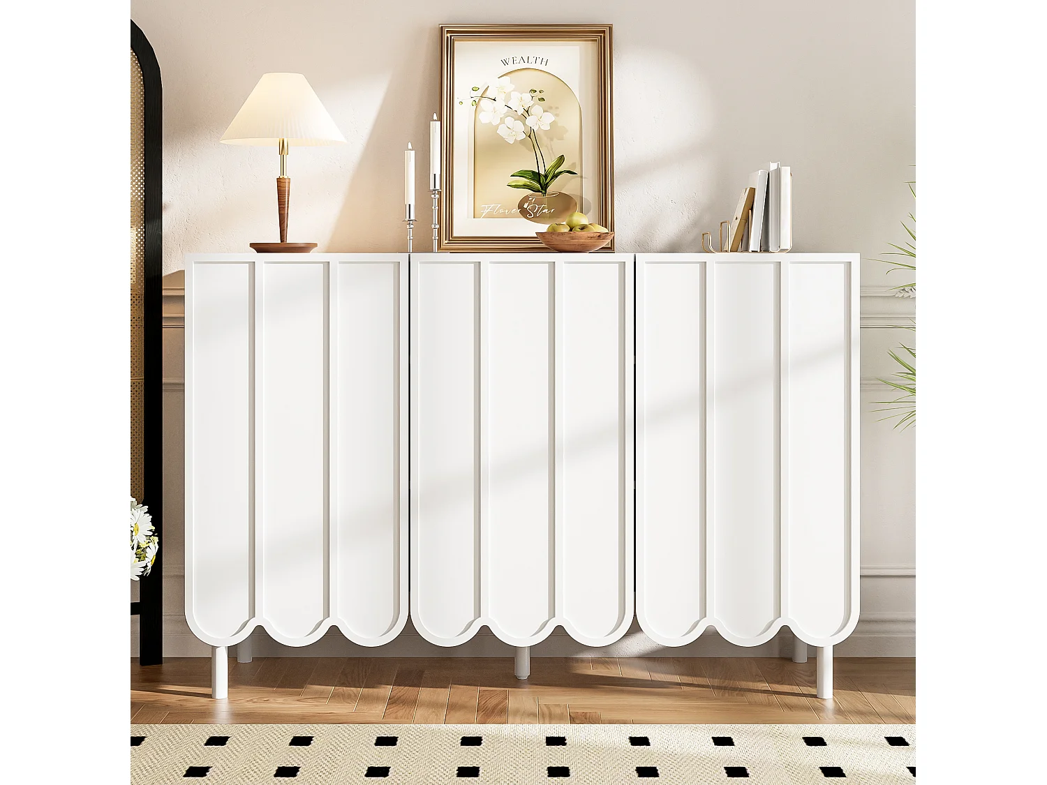 Buffet blanc - Buffet avec trois portes en tôle ondulée et pieds réglables en hauteur - pour salon et salle à manger