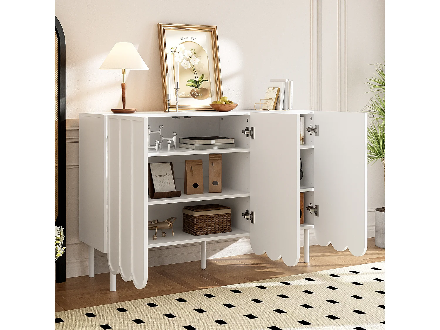 Buffet blanc - Buffet avec trois portes en tôle ondulée et pieds réglables en hauteur - pour salon et salle à manger