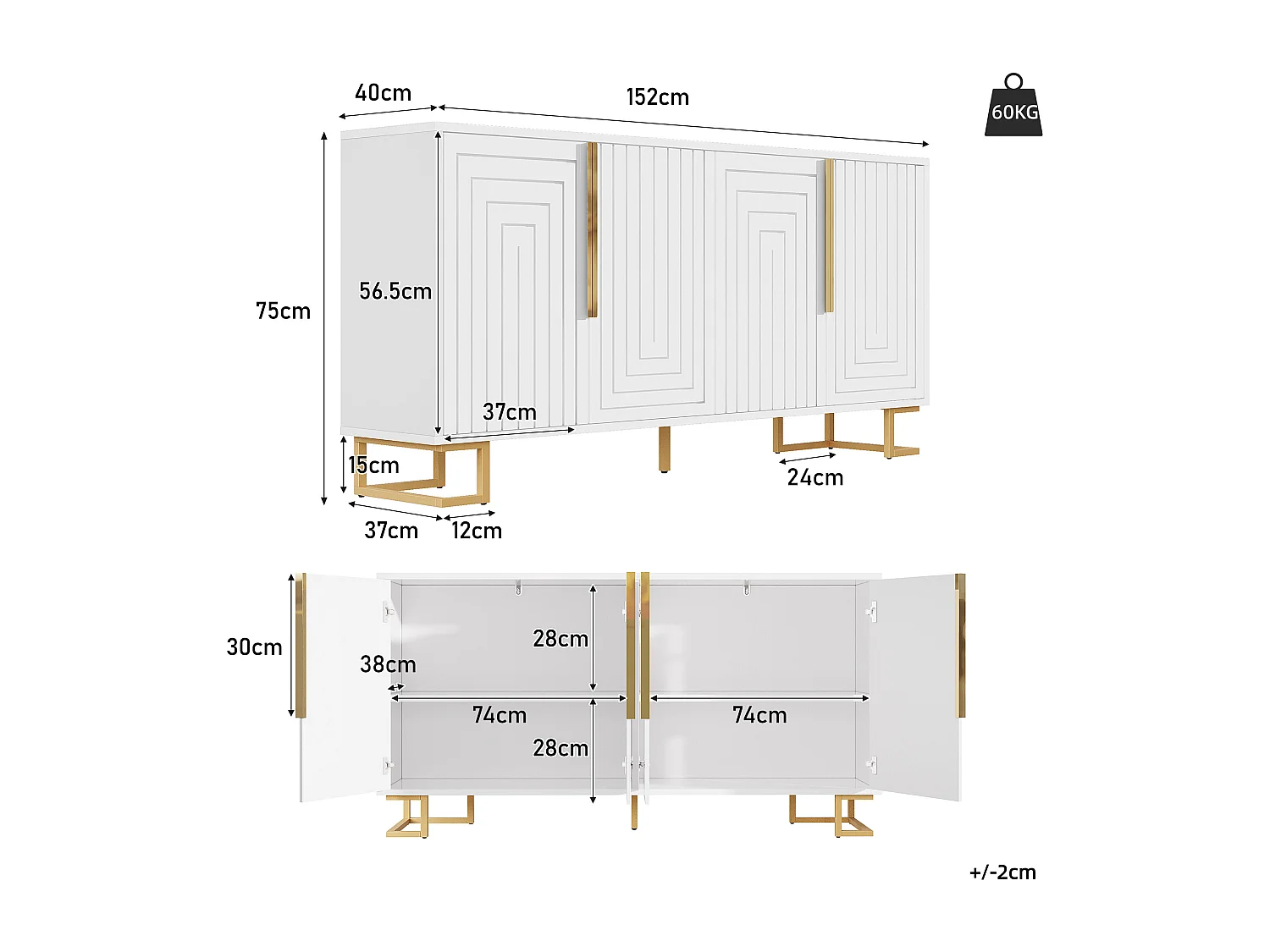 Buffet 4 portes - Buffet avec poignées et pieds dorés - blanc - pour salle à manger