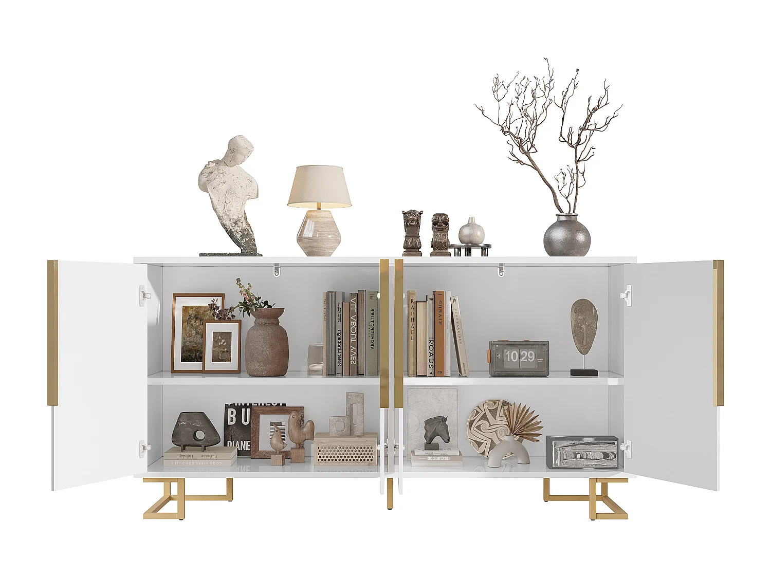 Buffet 4 portes - Buffet avec poignées et pieds dorés - blanc - pour salle à manger