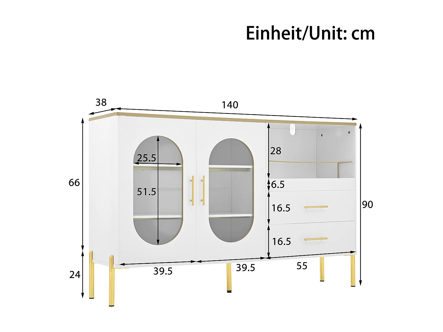 Buffet blanc – Buffet avec 2 tiroirs et 2 portes vitrées – rangement ouvert