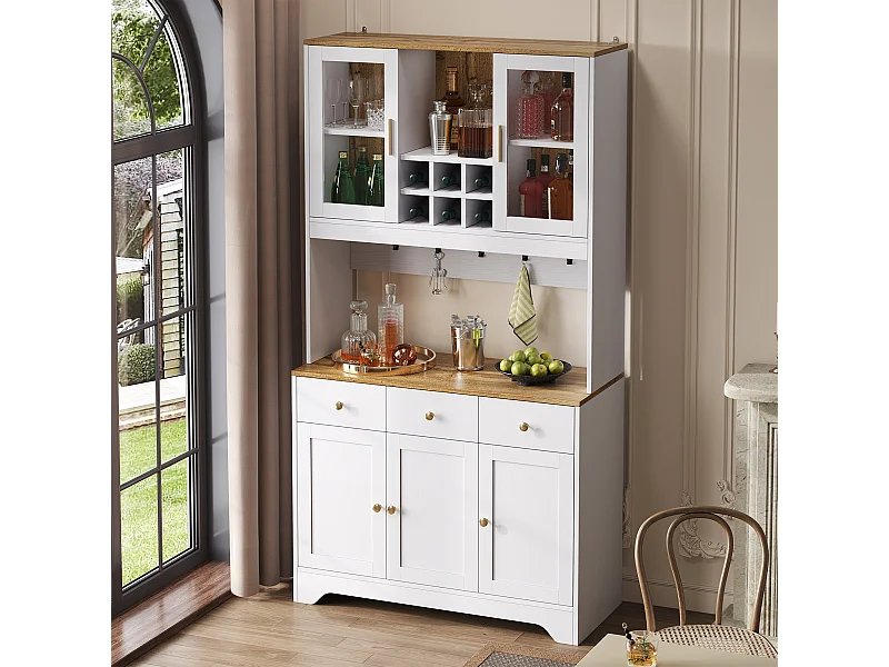 Buffet haut blanc - Buffet 5 portes et 3 tiroirs - avec casier à vin et compartiments ouverts - pour le salon et la salle à manger