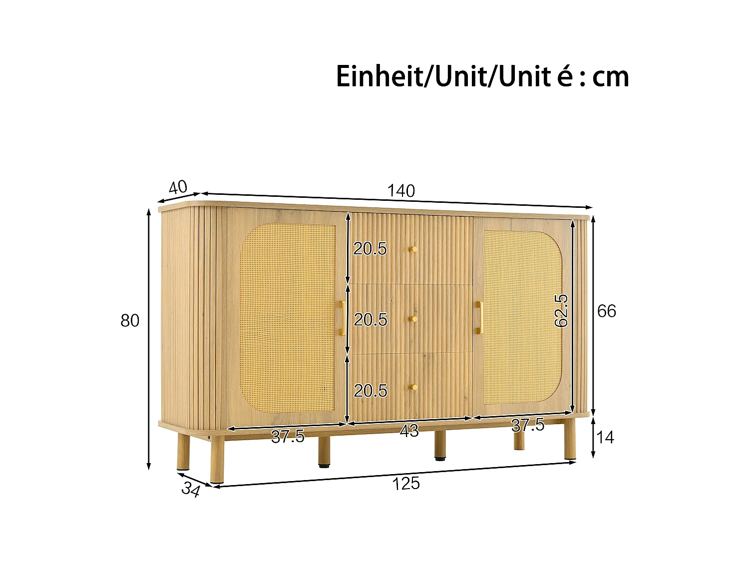 Buffet 2 portes - Buffet 3 tiroirs avec pieds en métal - bois