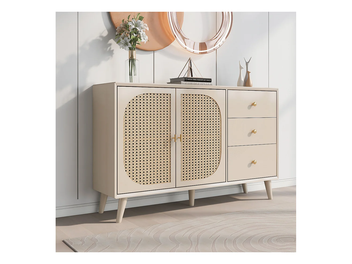 Buffet 2 portes et 2 tiroirs - Buffet avec portes en résine tressée - bois - pour salon et salle à manger