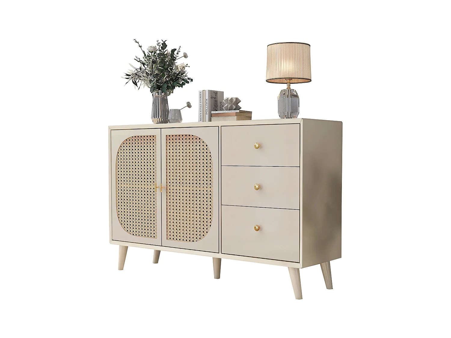 Buffet 2 portes et 2 tiroirs - Buffet avec portes en résine tressée - bois - pour salon et salle à manger