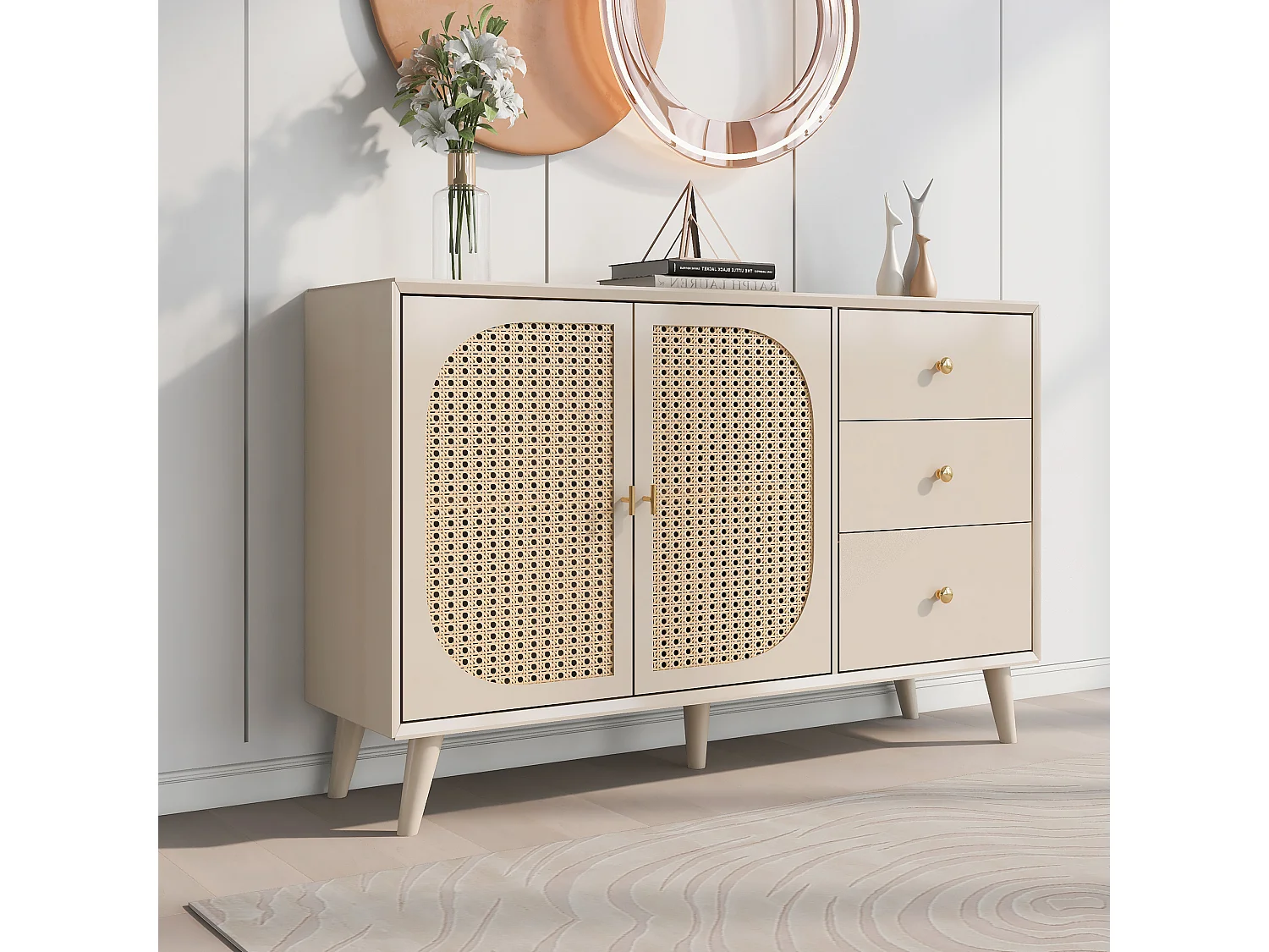 Buffet 2 portes et 2 tiroirs - Buffet avec portes en résine tressée - bois - pour salon et salle à manger