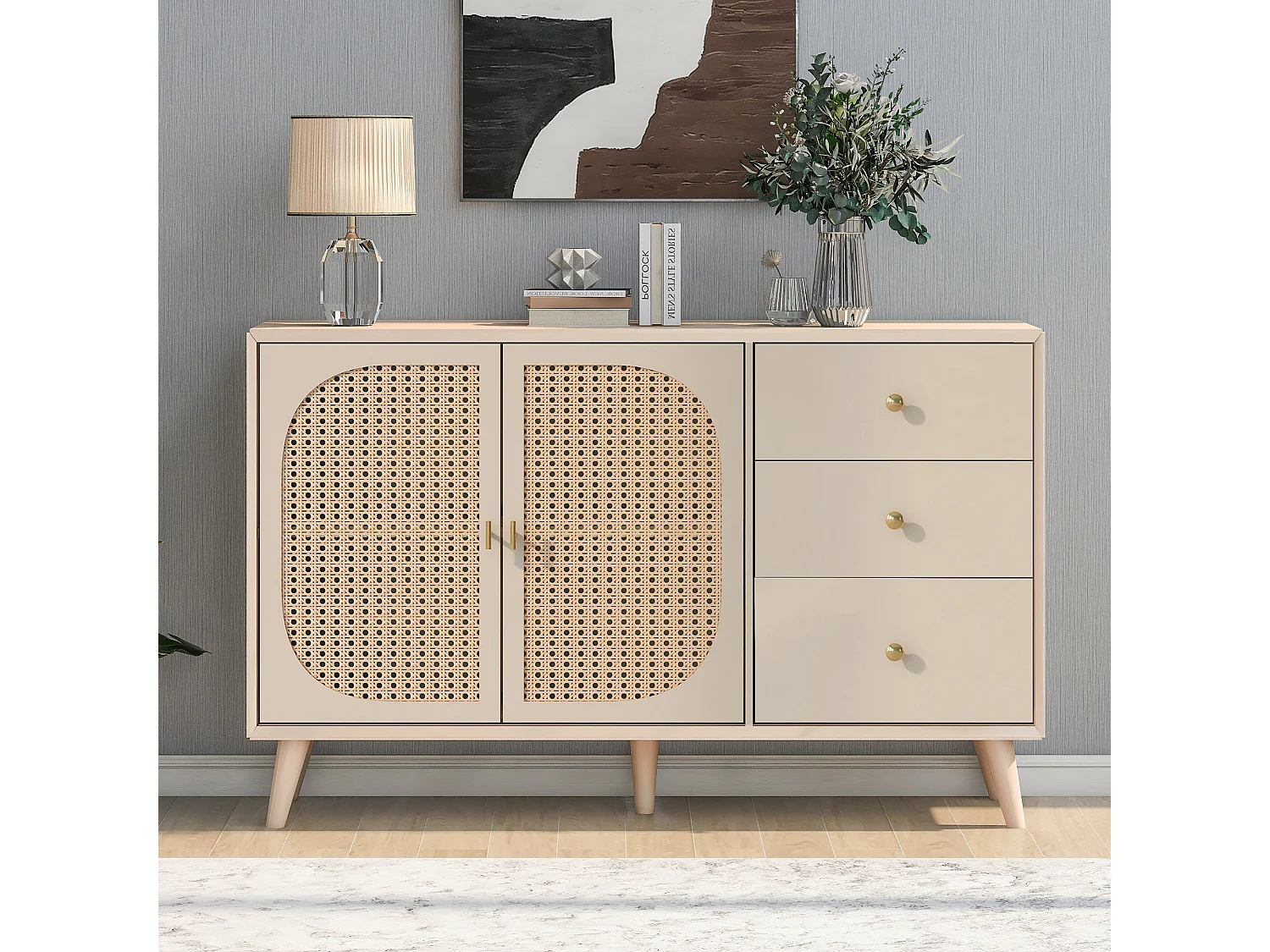 Buffet 2 portes et 2 tiroirs - Buffet avec portes en résine tressée - bois - pour salon et salle à manger