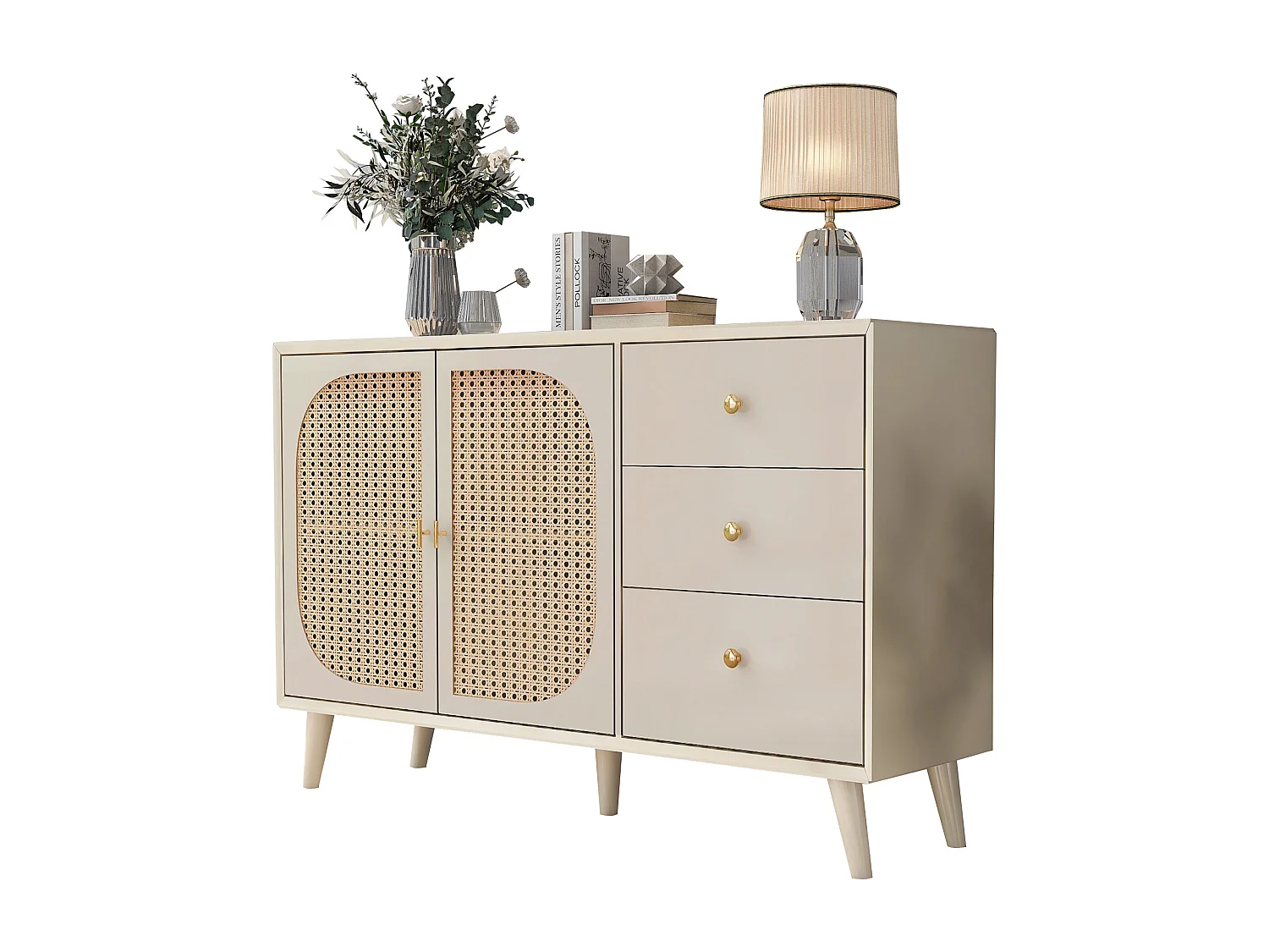 Buffet 2 portes et 2 tiroirs - Buffet avec portes en résine tressée - bois - pour salon et salle à manger