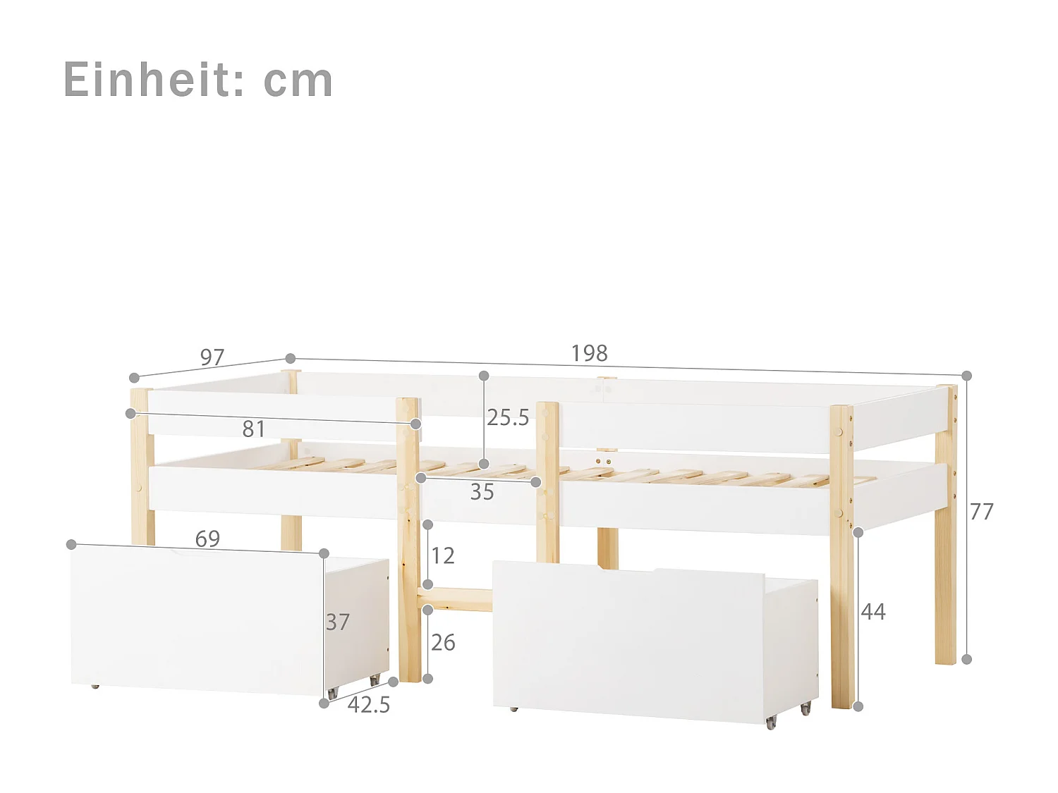 Lit enfant 90x190 cm - Lit simple avec 2 tiroirs et échelle - bois blanc - sans matelas