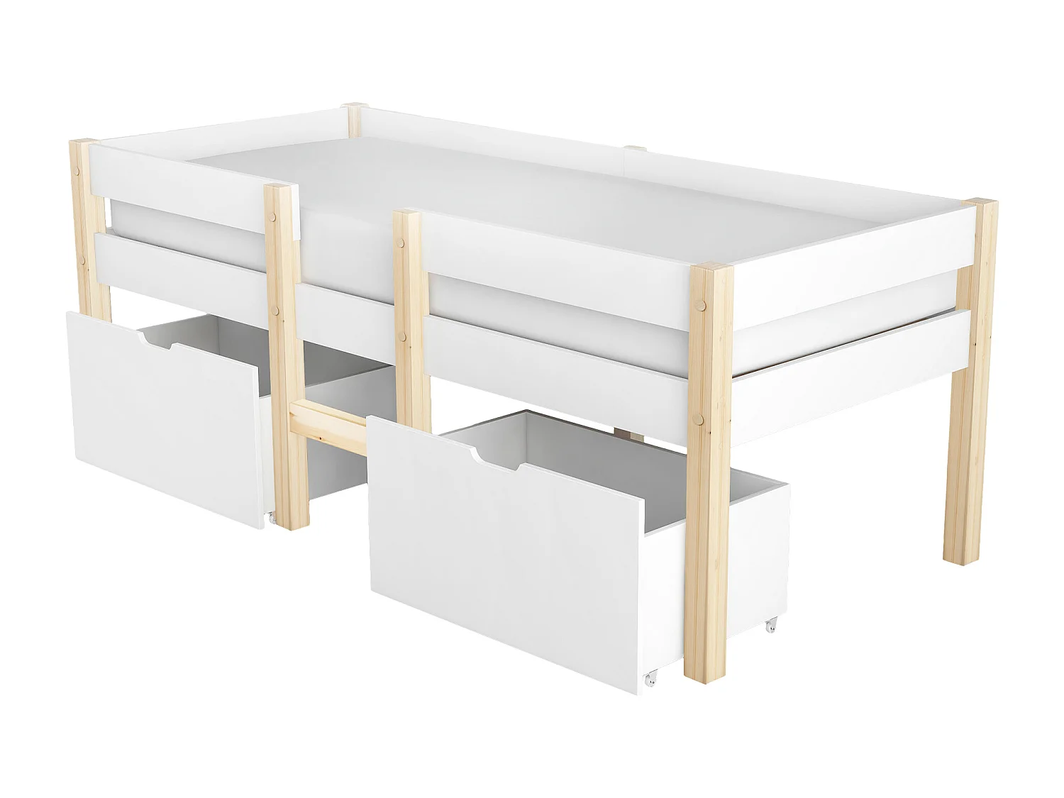 Lit enfant 90x190 cm - Lit simple avec 2 tiroirs et échelle - bois blanc - sans matelas