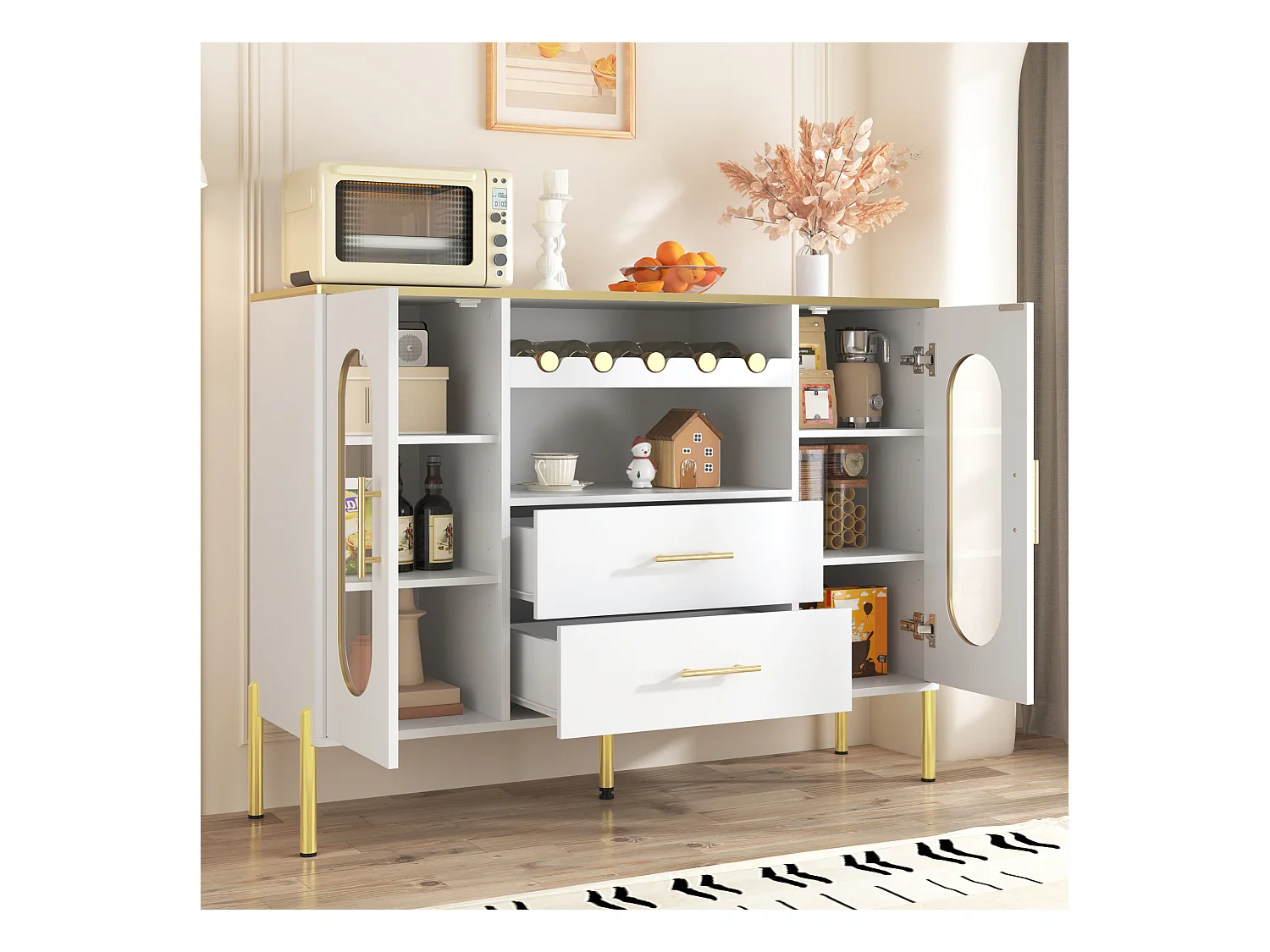 Buffet blanc avec casier à vin – Buffet 2 portes et 2 tiroirs – base réglable – Idéal pour la salle à manger et le salon