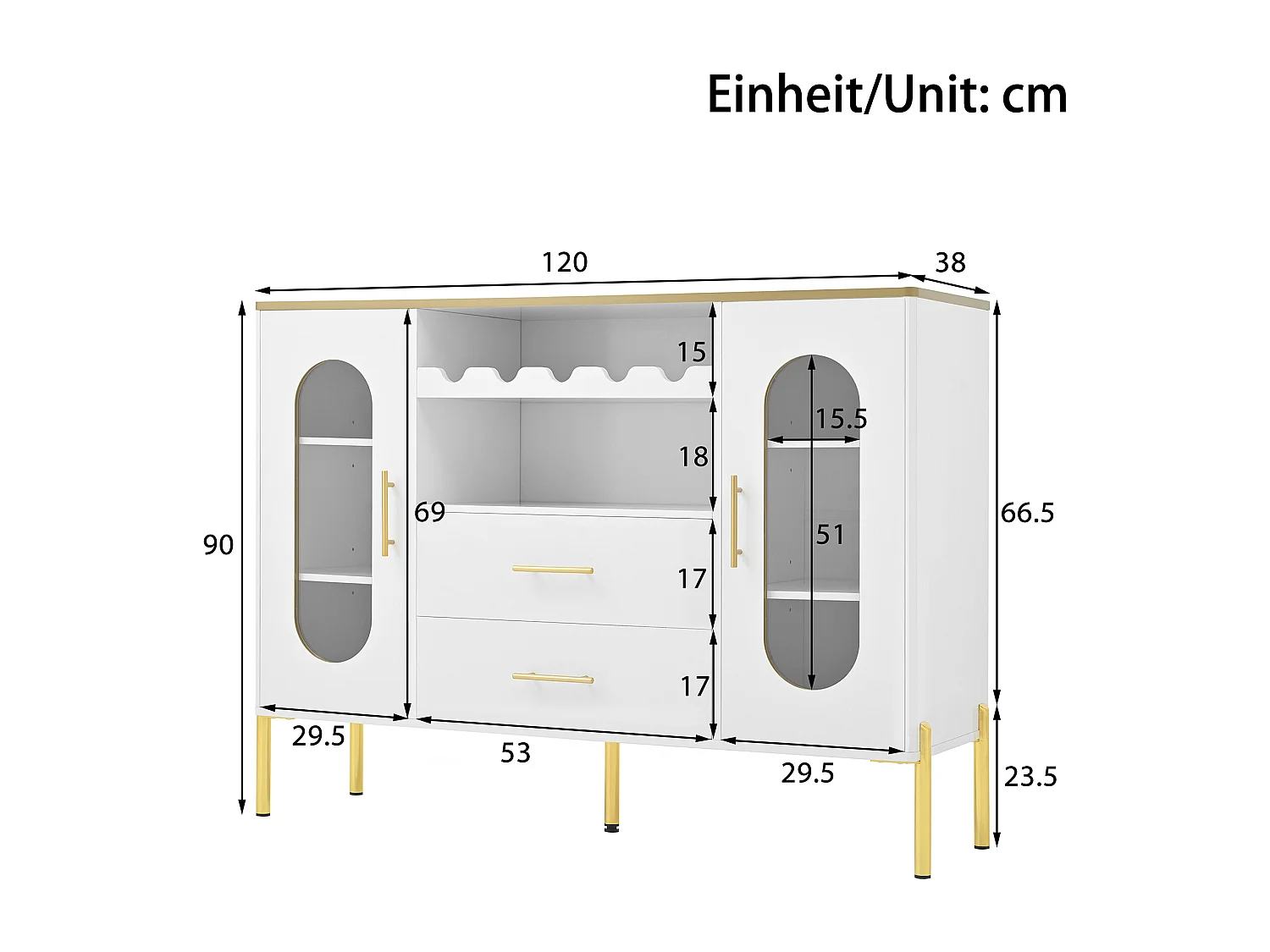Buffet blanc avec casier à vin – Buffet 2 portes et 2 tiroirs – base réglable – Idéal pour la salle à manger et le salon