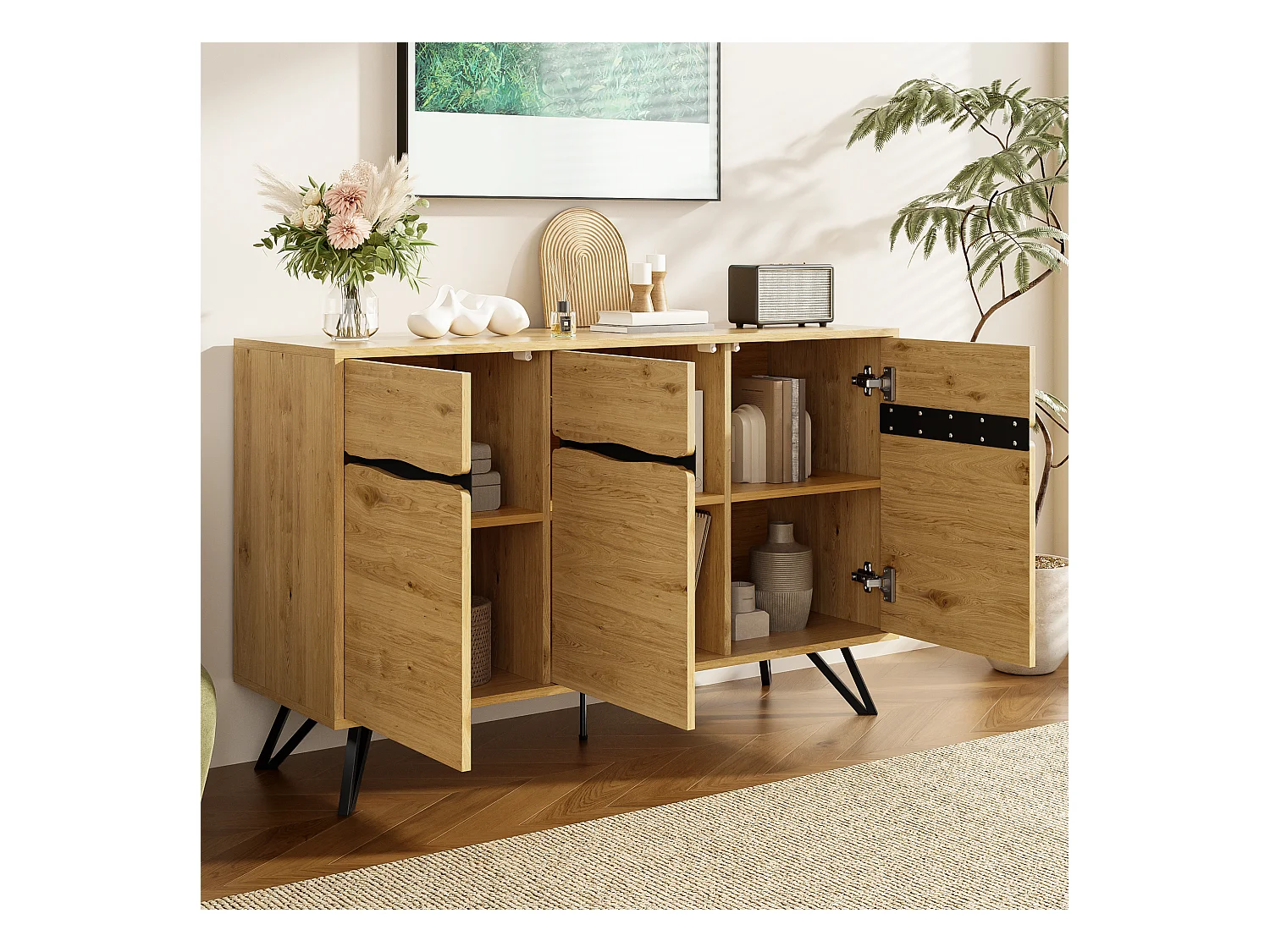 Buffet 3 portes - Buffet avec 5 pieds en métal et 6 compartiments intérieurs