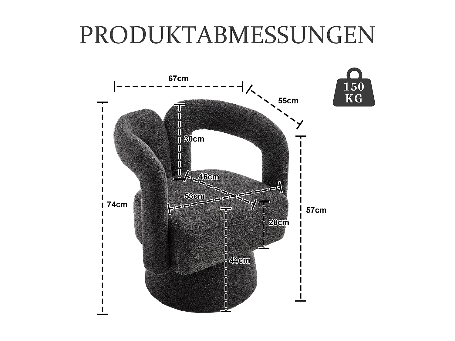 Grauer Sessel - Runder Sessel mit breiten Kissen und Armlehnen - plüsch - für wohnzimmer und schlafzimmer