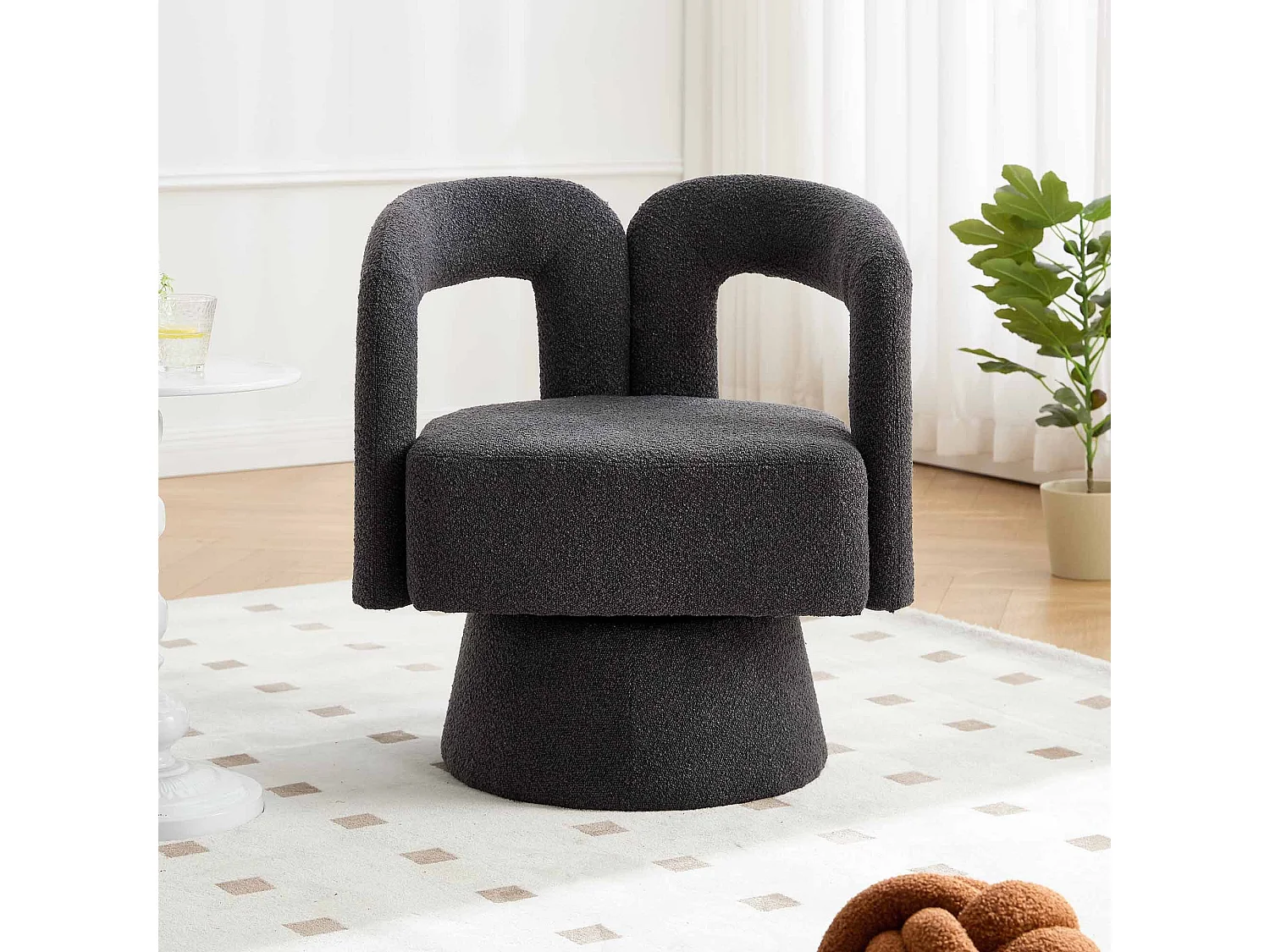 Fauteuil gris - Fauteuil rond avec coussins larges et accoudoirs - peluche - pour salons et chambres