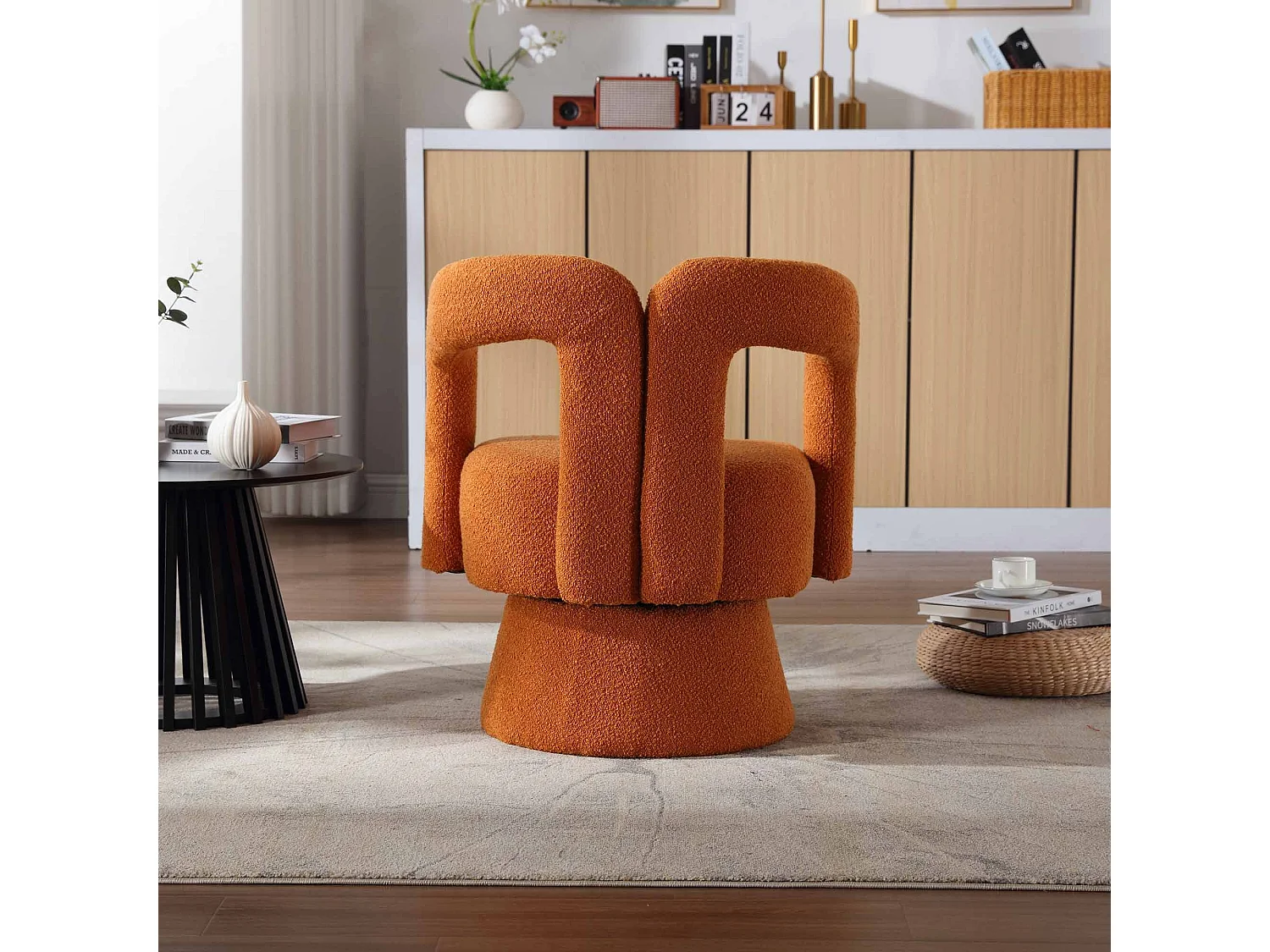 Fauteuil orange - Fauteuil rond avec coussins larges et accoudoirs - peluche - pour salons et chambres