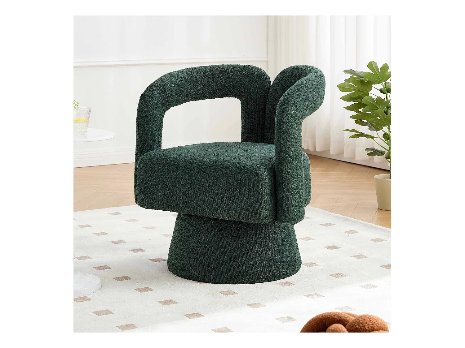 Fauteuil vert foncé - Fauteuil rond avec coussins larges et accoudoirs - peluche - pour salons et chambres