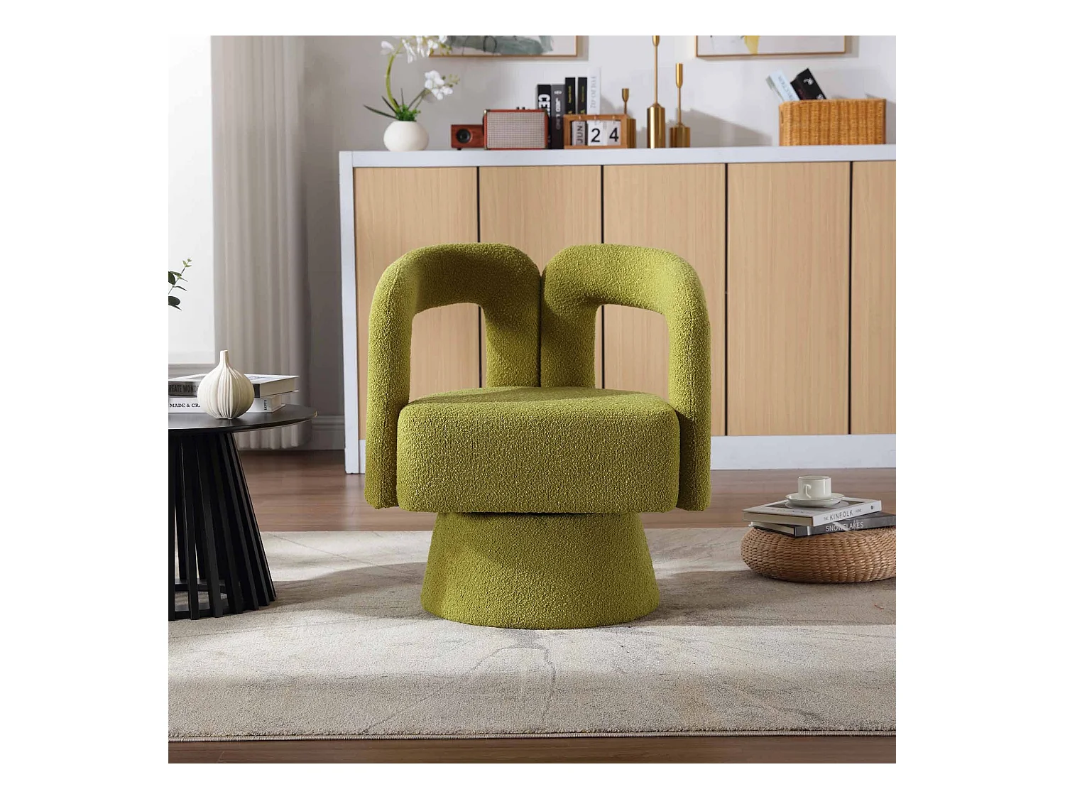 Fauteuil vert - Fauteuil rond avec coussins larges et accoudoirs - peluche - pour salons et chambres
