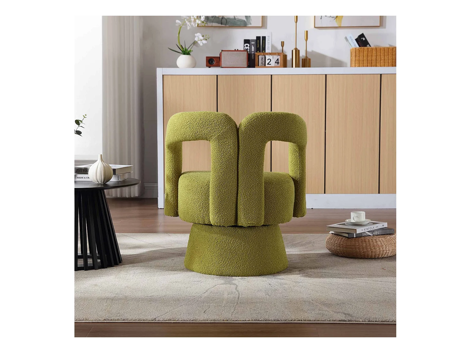 Fauteuil vert - Fauteuil rond avec coussins larges et accoudoirs - peluche - pour salons et chambres