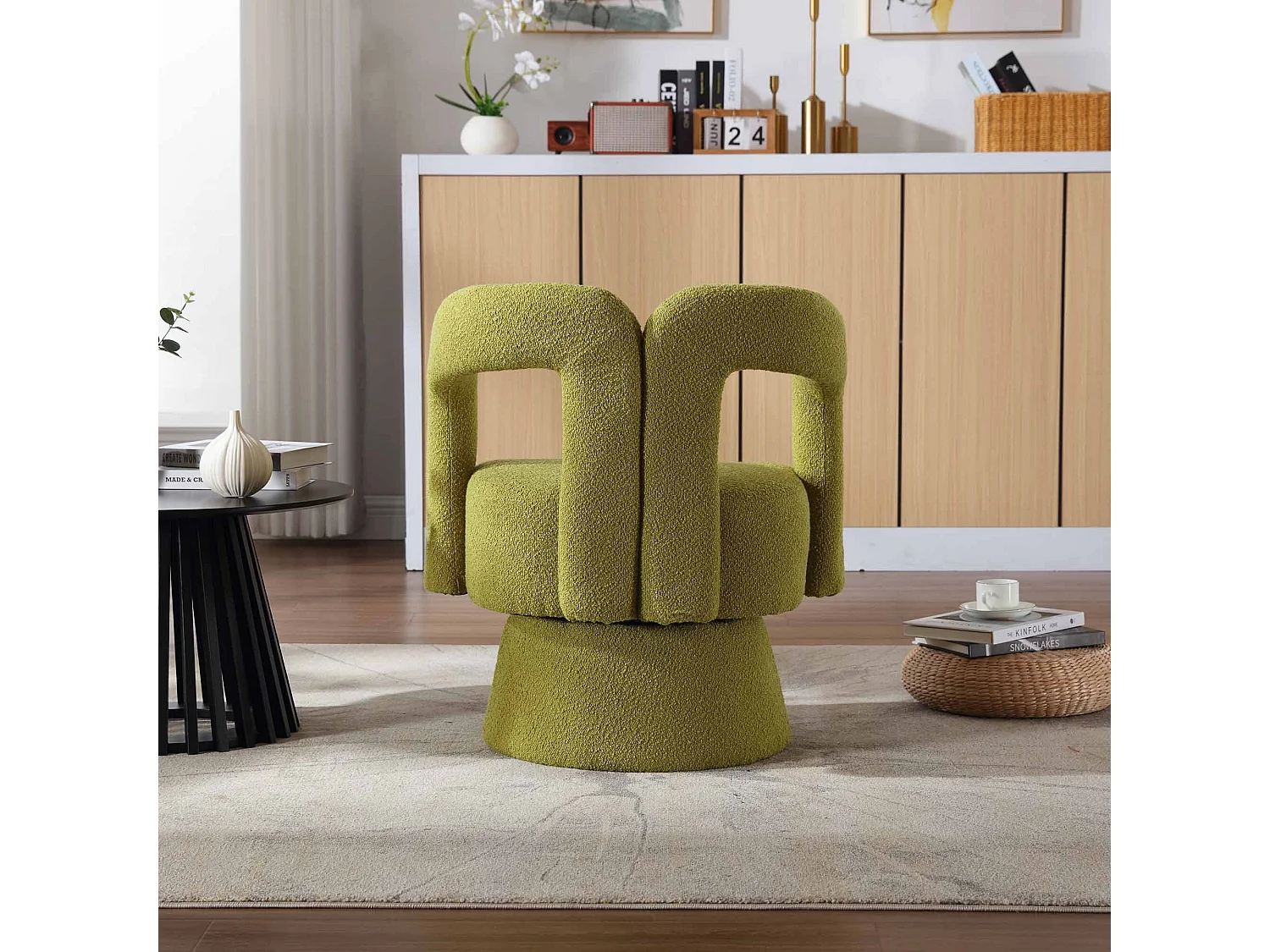 Fauteuil vert - Fauteuil rond avec coussins larges et accoudoirs - peluche - pour salons et chambres