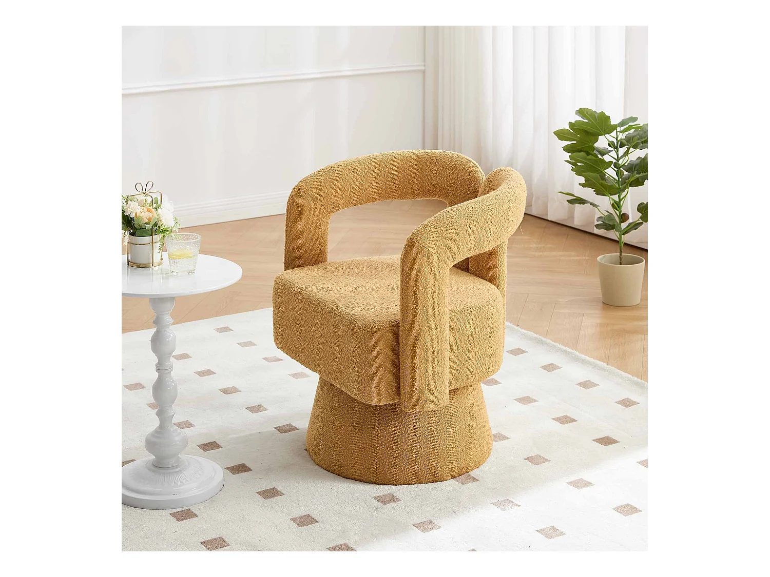 Fauteuil jaune - Fauteuil rond avec coussins larges et accoudoirs - peluche - pour salons et chambres