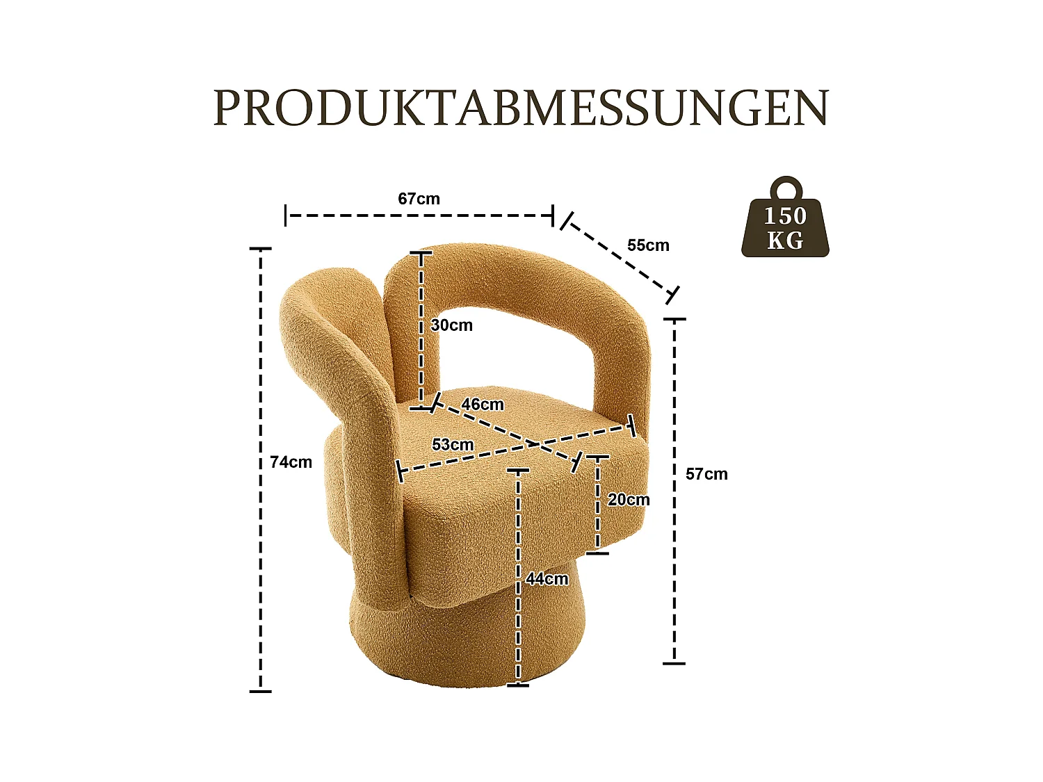 Fauteuil jaune - Fauteuil rond avec coussins larges et accoudoirs - peluche - pour salons et chambres