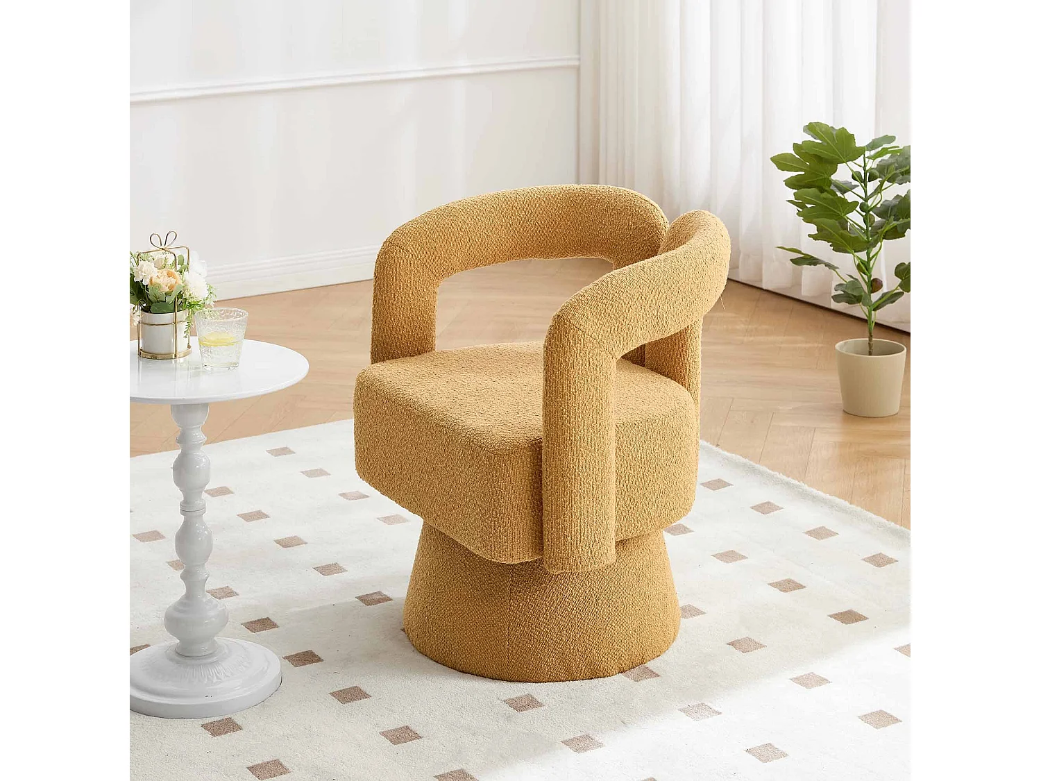 Fauteuil jaune - Fauteuil rond avec coussins larges et accoudoirs - peluche - pour salons et chambres