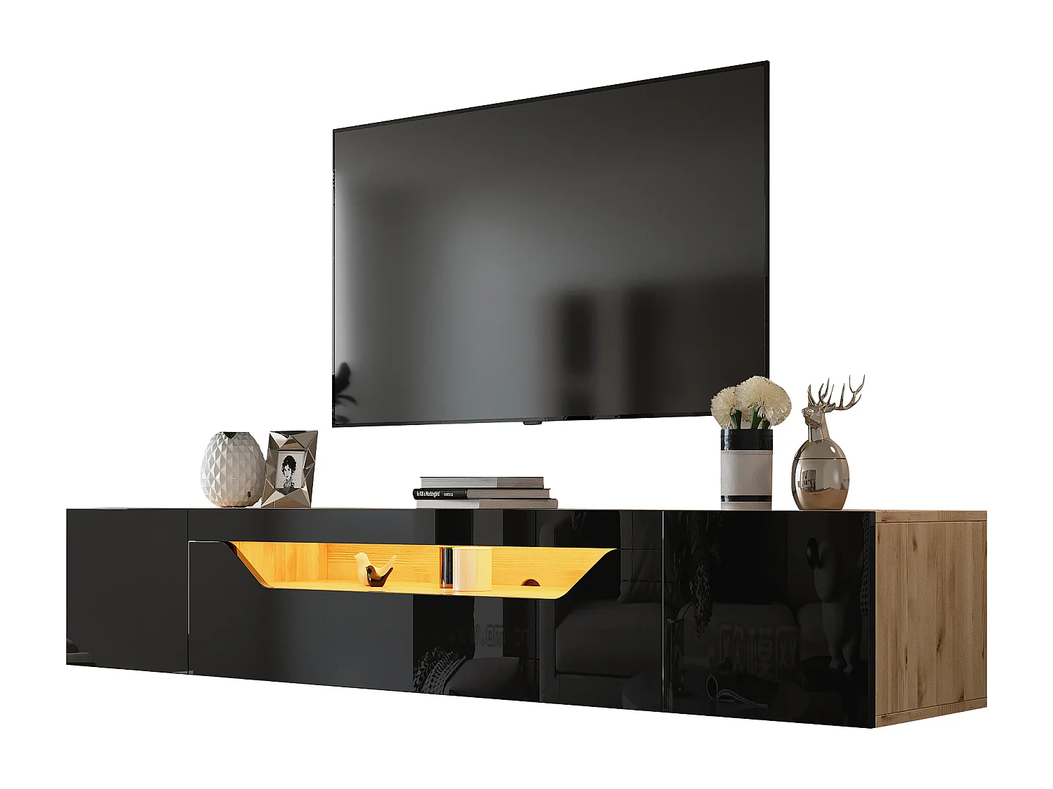 Meuble TV suspendu 3 portes avec éclairage LED - Meuble TV noir - portes pliantes - pour TV 75"