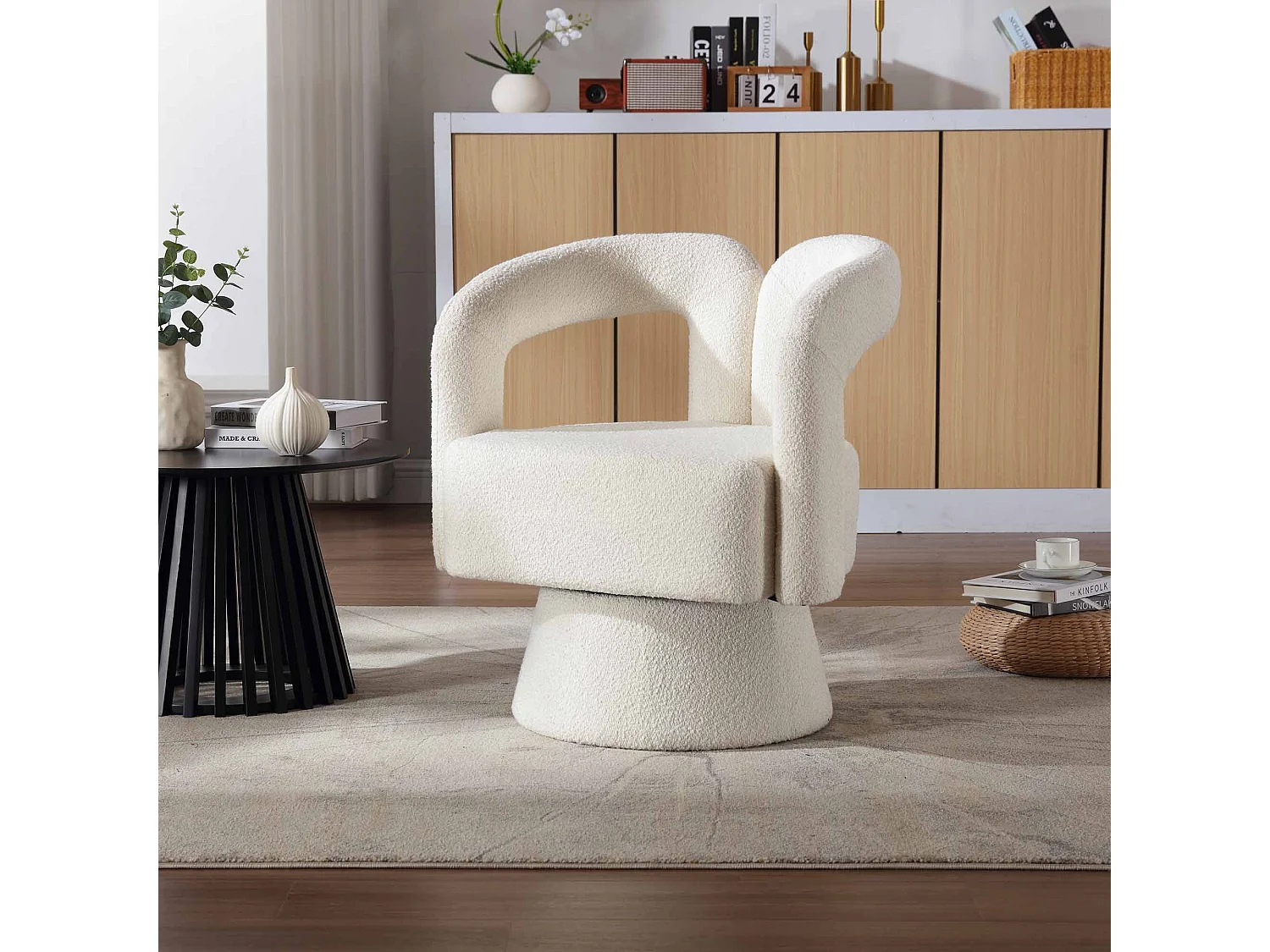 Beige fauteuil - Ronde fauteuil met brede kussens en armleuningen - pluche - voor woonkamers en slaapkamers